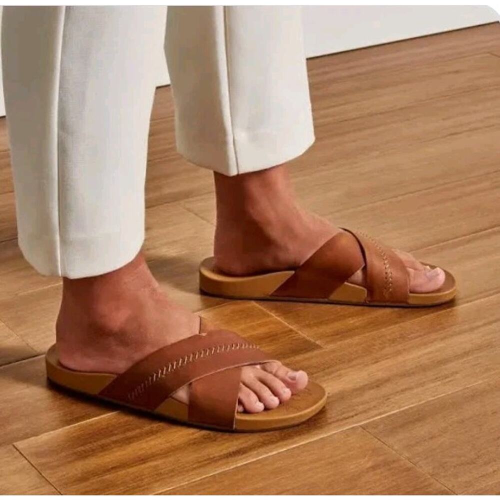 OluKai Women's Tan Brown Leather Slide Sandals